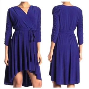 NWT Eliza J Royal Blue Faux Wrap Dress Sz 6 Ruching Sleeves Hi Low Career Office